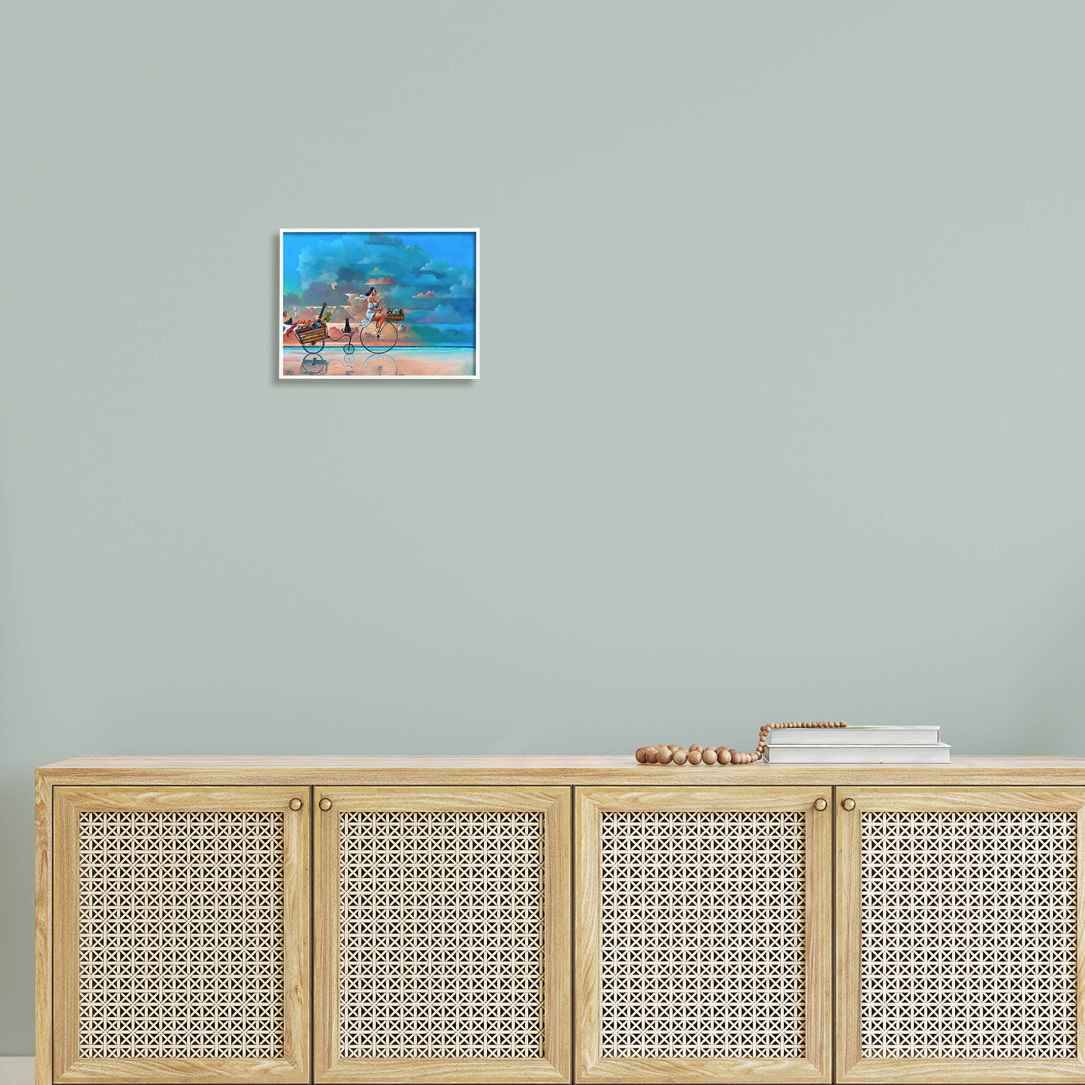 Summer Beach Bike Ride Reflection Coastal Painting White Framed Art Print Wall Art