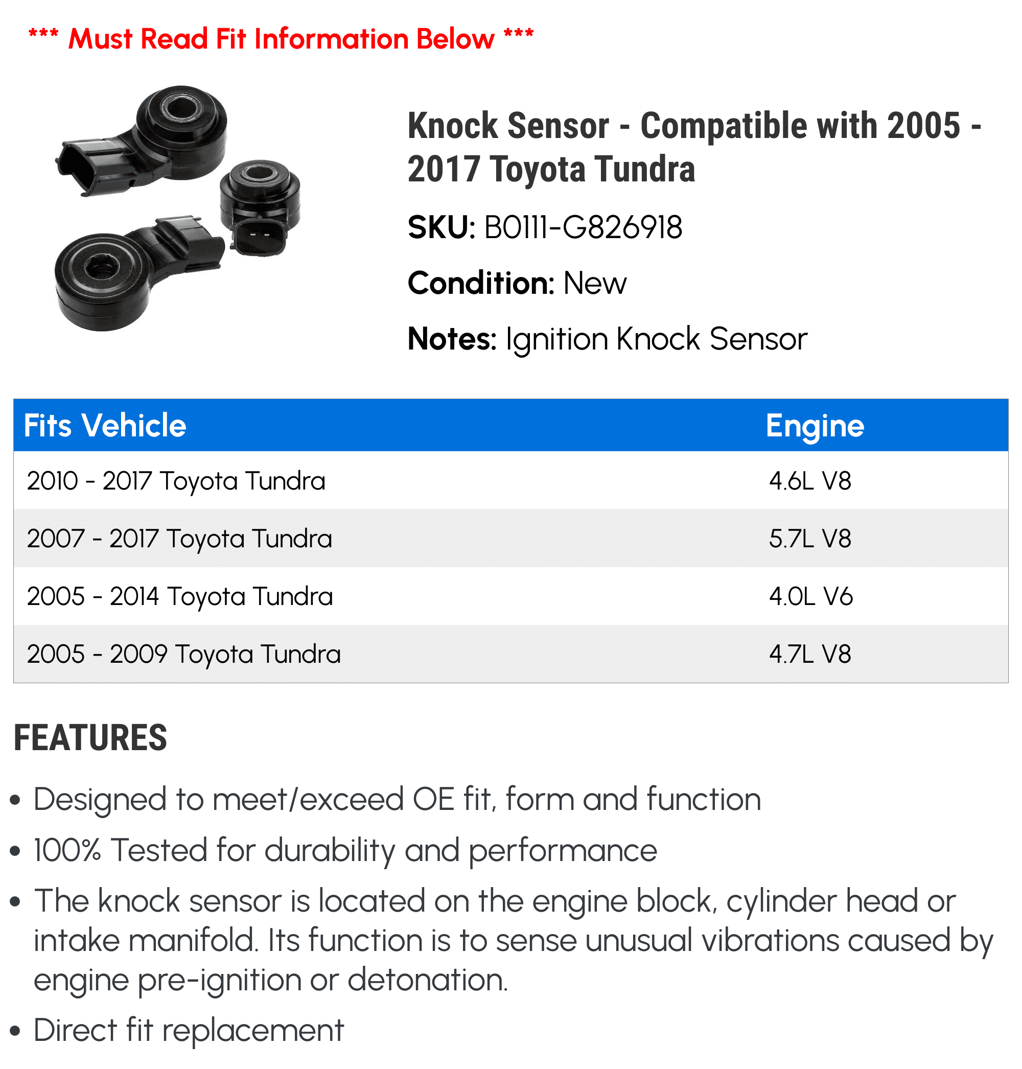 Knock Sensor - Compatible with 2005 - 2017 Toyota Tundra 2006 2007 2008 2009 2010 2011 2012 2013 2014 2015 2016