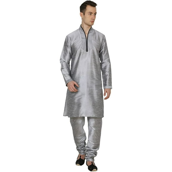 Royal Kurta Men's Dupion Silk Hineck Kurta Churidar Grey