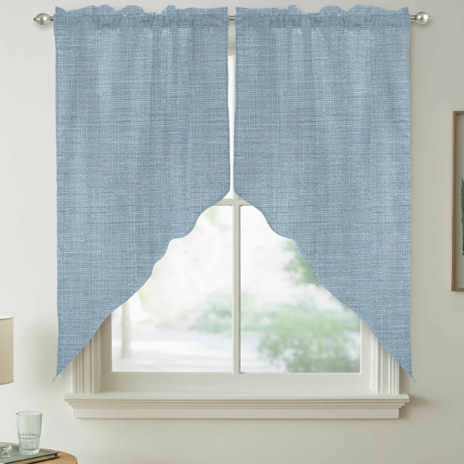 Swag Valance Curtains for Windows, Vintage Sky Blue Light Filtering Kitchen Curtains, Farmhouse Retro Solid Color Linen Texture Window Treatment Valances for Living Room, 36x63 - 2 PCS