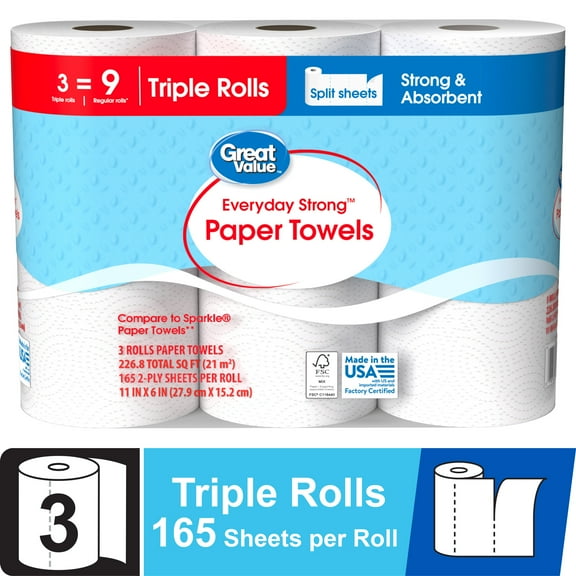 Great Value Everyday Strong Paper Towels, Split Sheets, 3 Triple Rolls, Comparable to Sparkle