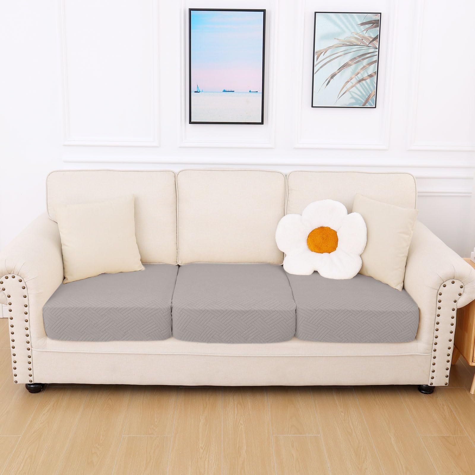 Smiry Waterproof Sofa Seat Cushion Covers, Stretch Couch Cushion Slipcovers, Fitted Jacquard Furniture Protector for Pets, Kid (3PC, Taupe)