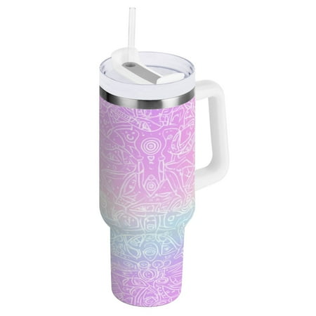 

Stainless Steel Tumbler with Straw and Handle Double Wall Insulated Tumblers Pink Rainbow Gradient Background