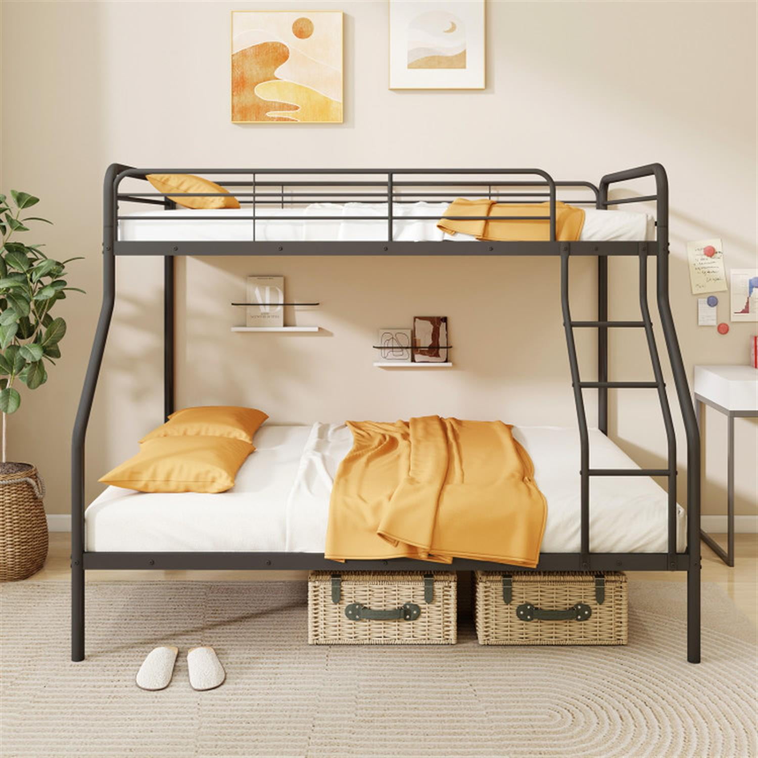 Demi Bonn Twin Over Full Bunk Bed with Ladder and Full-length Guardrails, Metal Bunkbeds for Bedroom, No Box Spring Needed, Black