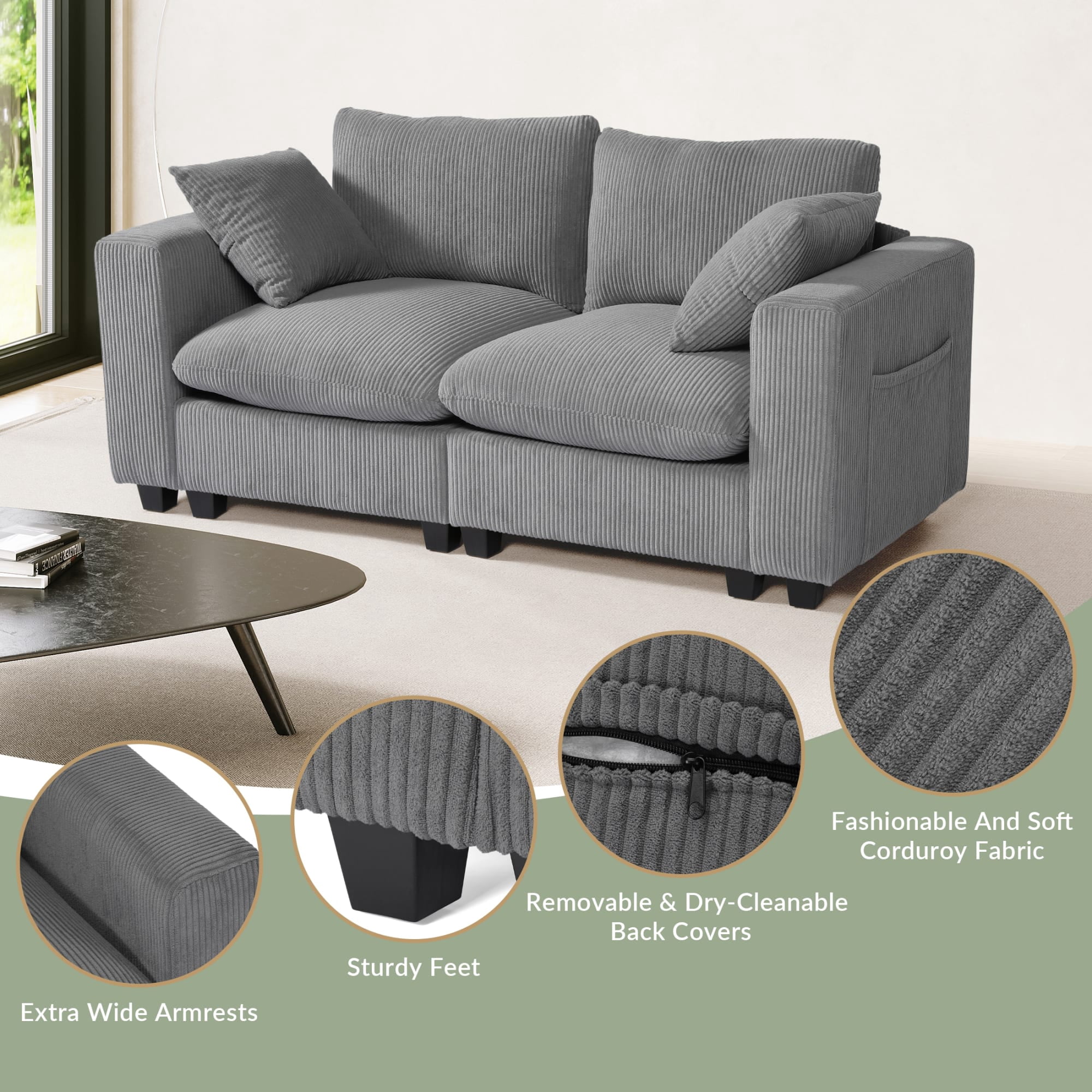 WestinTrends Hearthside 70" Modular Corduroy Loveseat Sofa With USB/Type-C Ports and Side Pockets, Gray