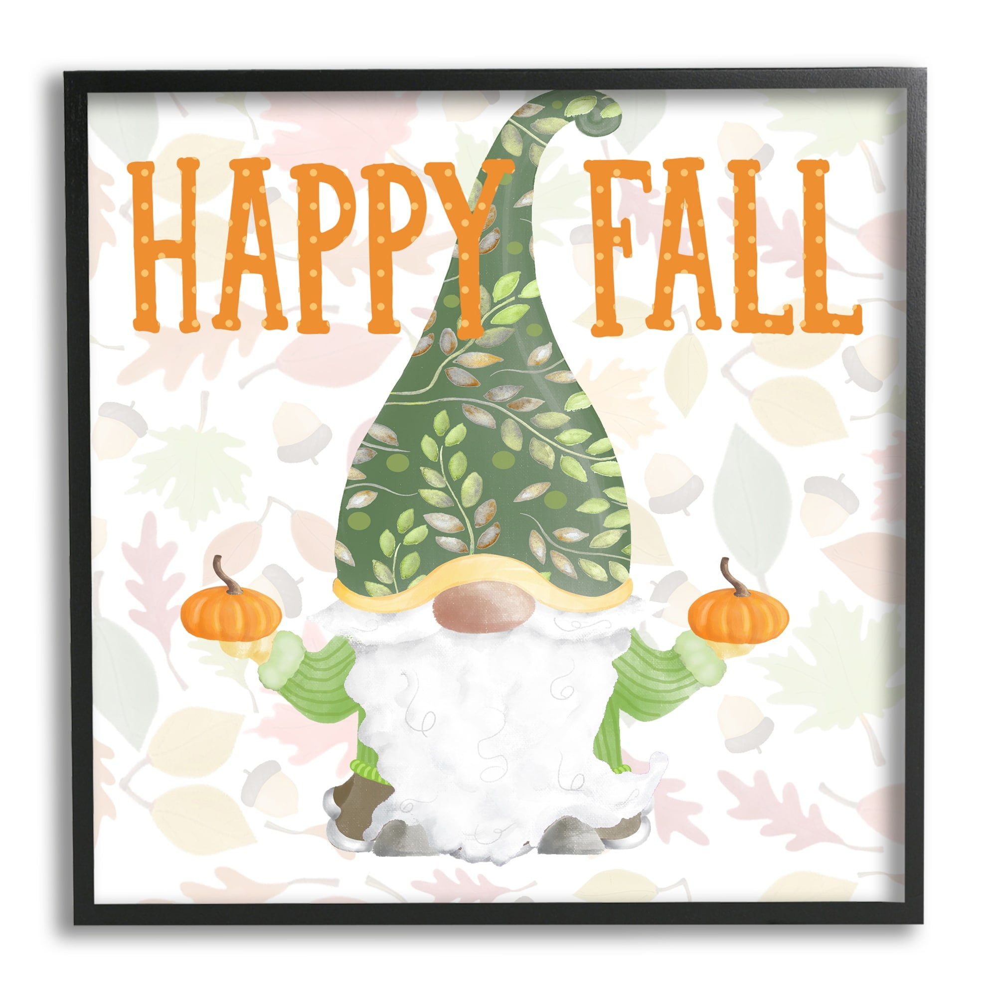 Happy Fall Patterned Gnome Holding Orange Pumpkins Inspirational Graphic Art Framed Art Print Wall Art