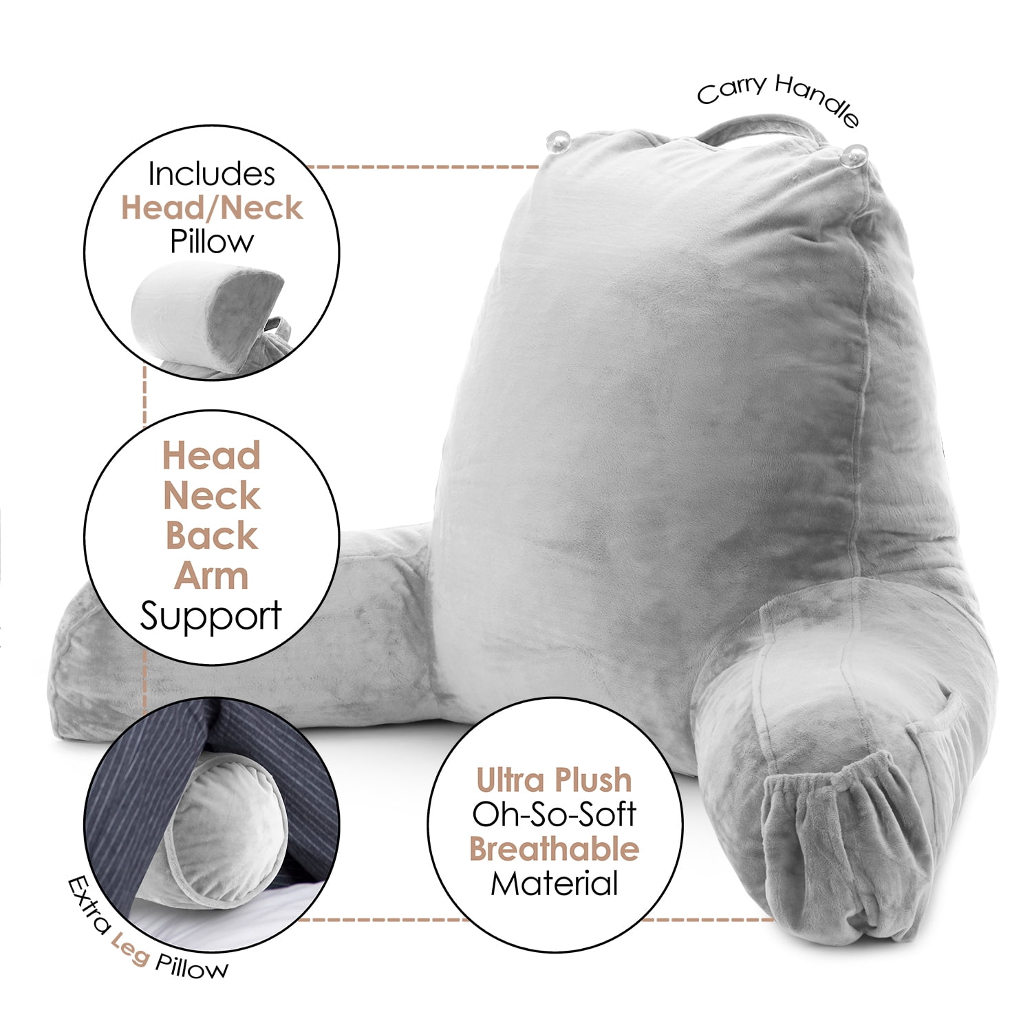 LAMMALOE Reading Pillow , Backrest Pillows with Arms, Plush Back Pillow Detachable Neck Roll, Shredded Memory Foam Bed Rest Pillow, Large, Silver
