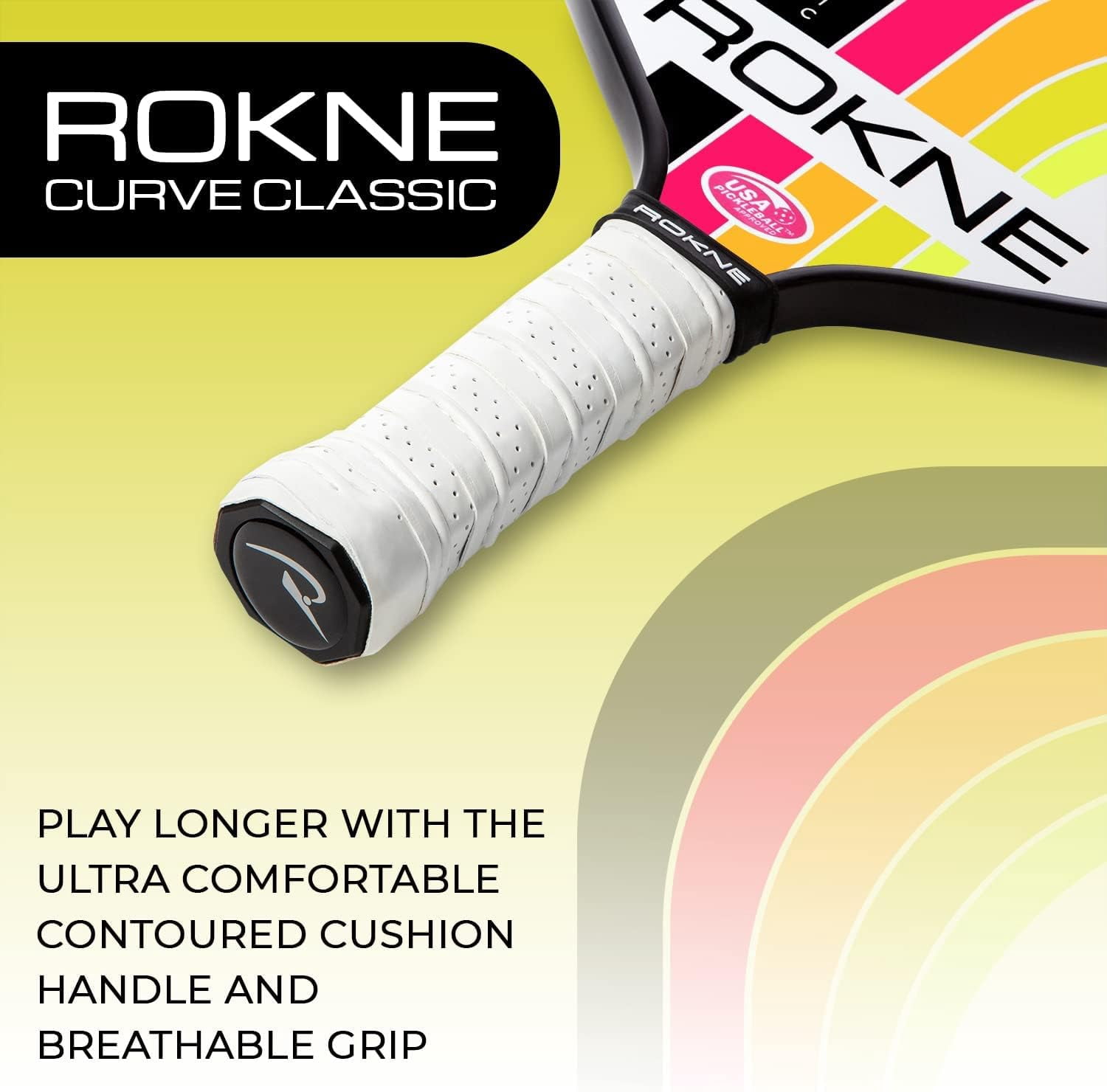 Rokne Curve Classic Fiberglass Pickleball Paddle Long Handle Racket with Pro Grit Texture, Electric Citrus