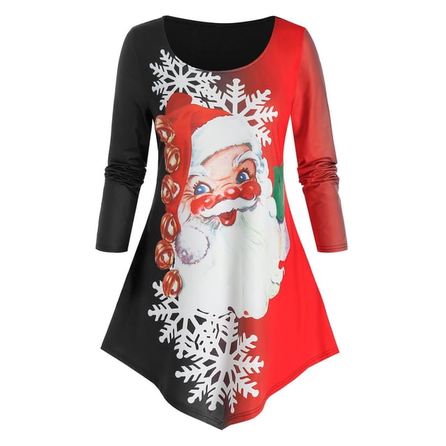 TAMAÑO PLUS Santa Claus Imprimir ColorBlock T Shirt Rosegal Mangas largas de talla grande