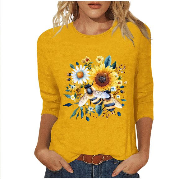 Crgrtght Women Floral Round Neck 3/4 Sleeve Casual Boho Loose Tops T-Shirt Bee Print Summer Party Pullover, Yellow XXL