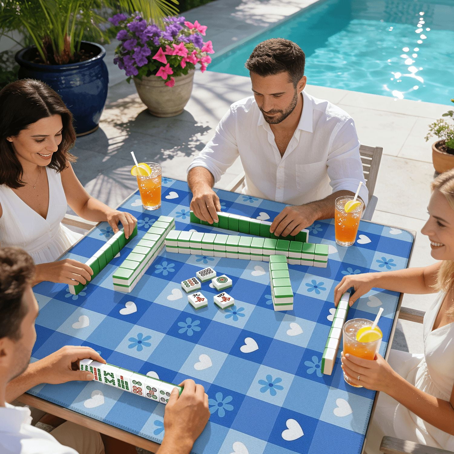 Mahjong Mat 31.5" x 31.5" Blue Heart Flower Soft Checkered Design Non-Slip Noise Reduction American Mahjong Tiles Table Cover for Dominoes Poker Card Board Games Gift
