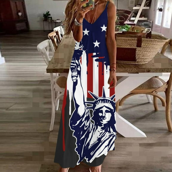 Wycnly Dresses for Women Fashion Loose High Waist Swing Spaghetti Strap 4th of July Long Dresses Sleeveless V-Neck Star Print Summer Maxi Formal Dress Blue XXXL