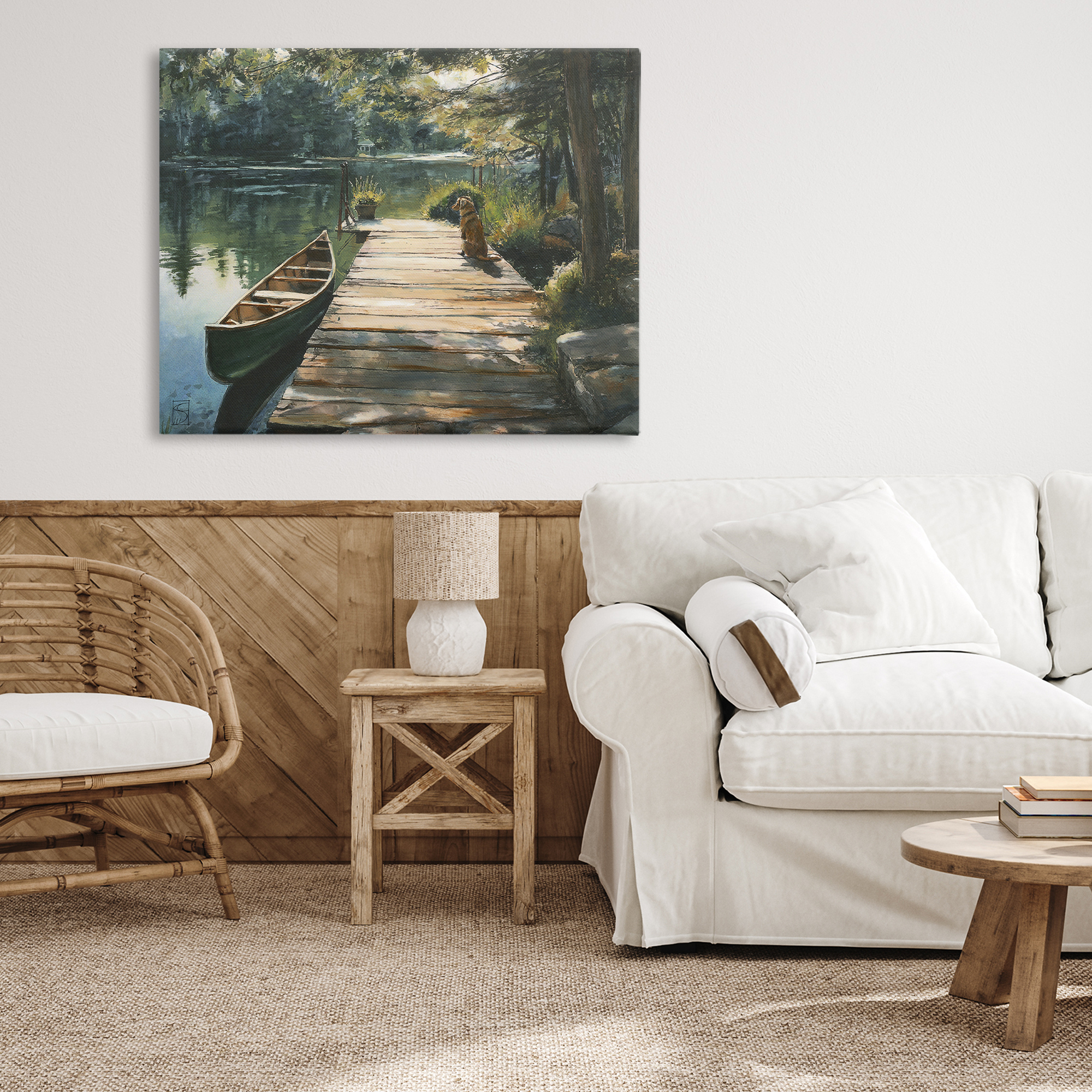 Lake Life Dog on Dock Canvas Wall Art, design by Sara Culpepper