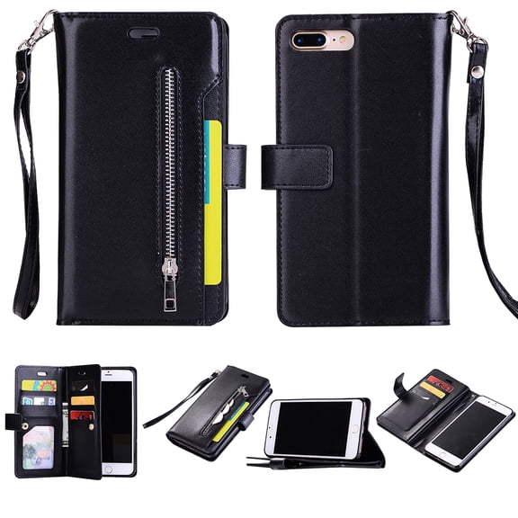 iPhone 7 Case,iPhone 8 Case,iPhone SE 2020 Case,Multi-Functional Magnet Stand Folio PU Leather Credit Card Holder Flip Inner Soft TPU Zipper Wallet Protective Case for iPhone 7 / 8 / SE 2020,Black