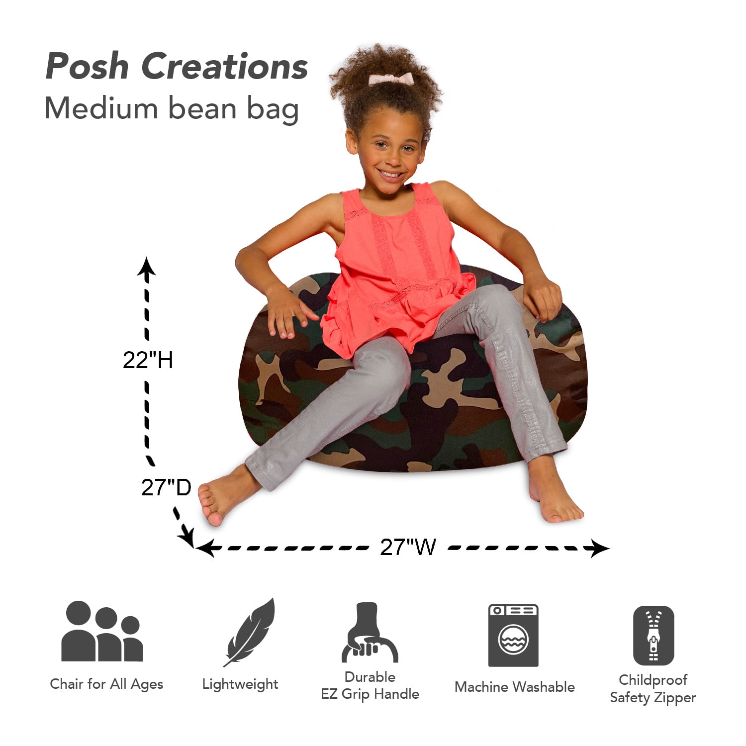 Posh Creations Bean Bag Chair for Kids, Teens, and Adults, 27in - Medium, Nylon Camo Green