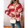 thumbnail image 5 of Women'S Loose Casual V-Neck Long-Sleeved Sweater Jacket Striped Contrast Lace-Up Knitted Cardigan Red XL, 5 of 9