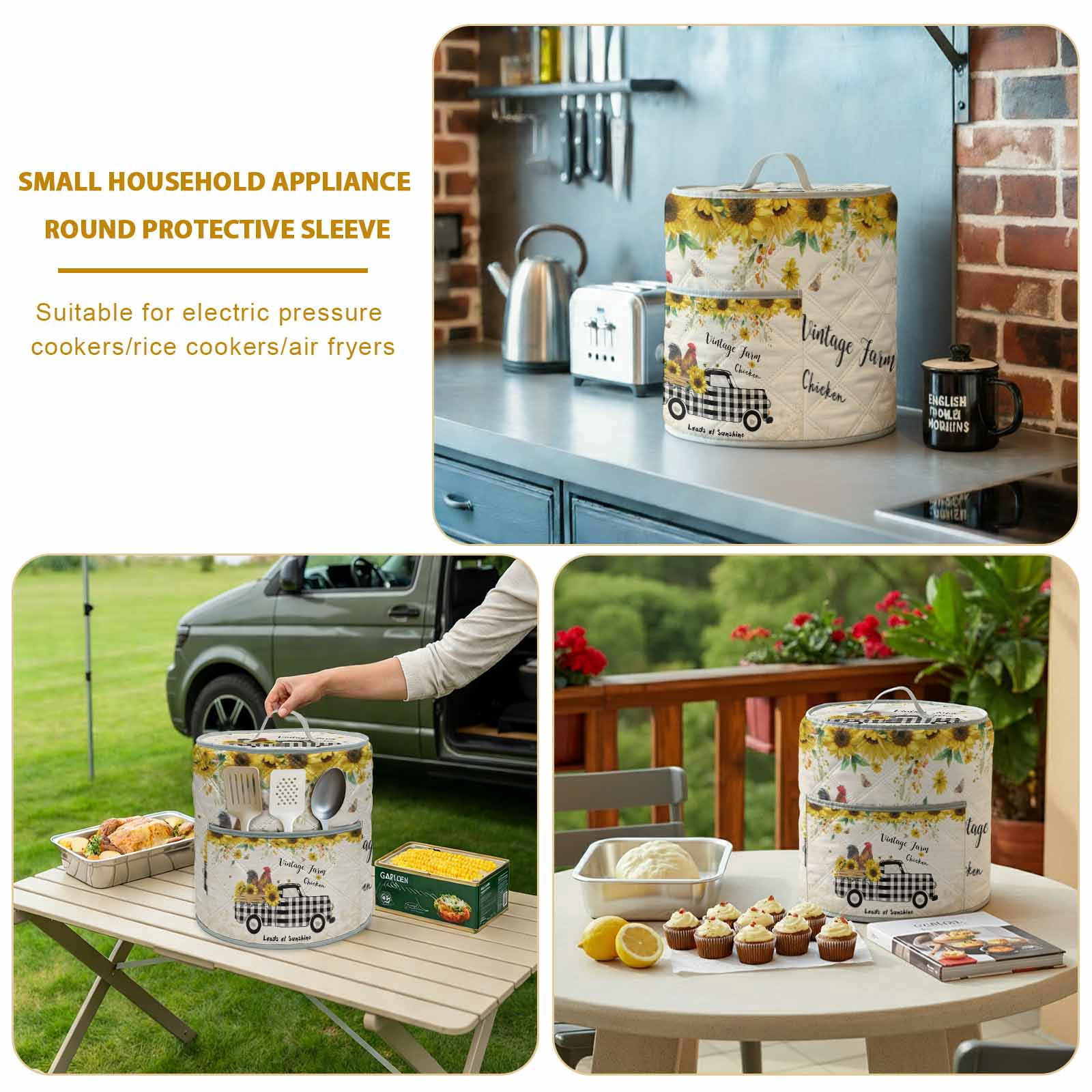 Chicken Truck Sunflower Rice Cooker Cover 6 Quart Vintage Farm Loads of Sunshine Pressure Cooker Cover Appliance Protector Dust Case with Pocket and Handle for Kitchen