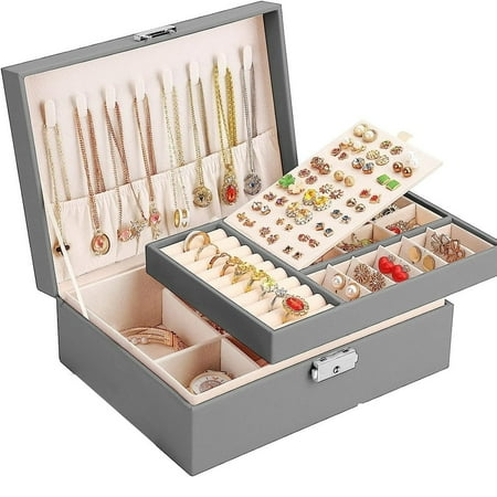 LEEYNEER Jewelry Box for Women Girls Gift Travel Jewelry Organizer Large 2 Layer with Removable Tray PU Leather Velvet Display Jewellery Holder with Lock for Necklace Earrings Rings Bra