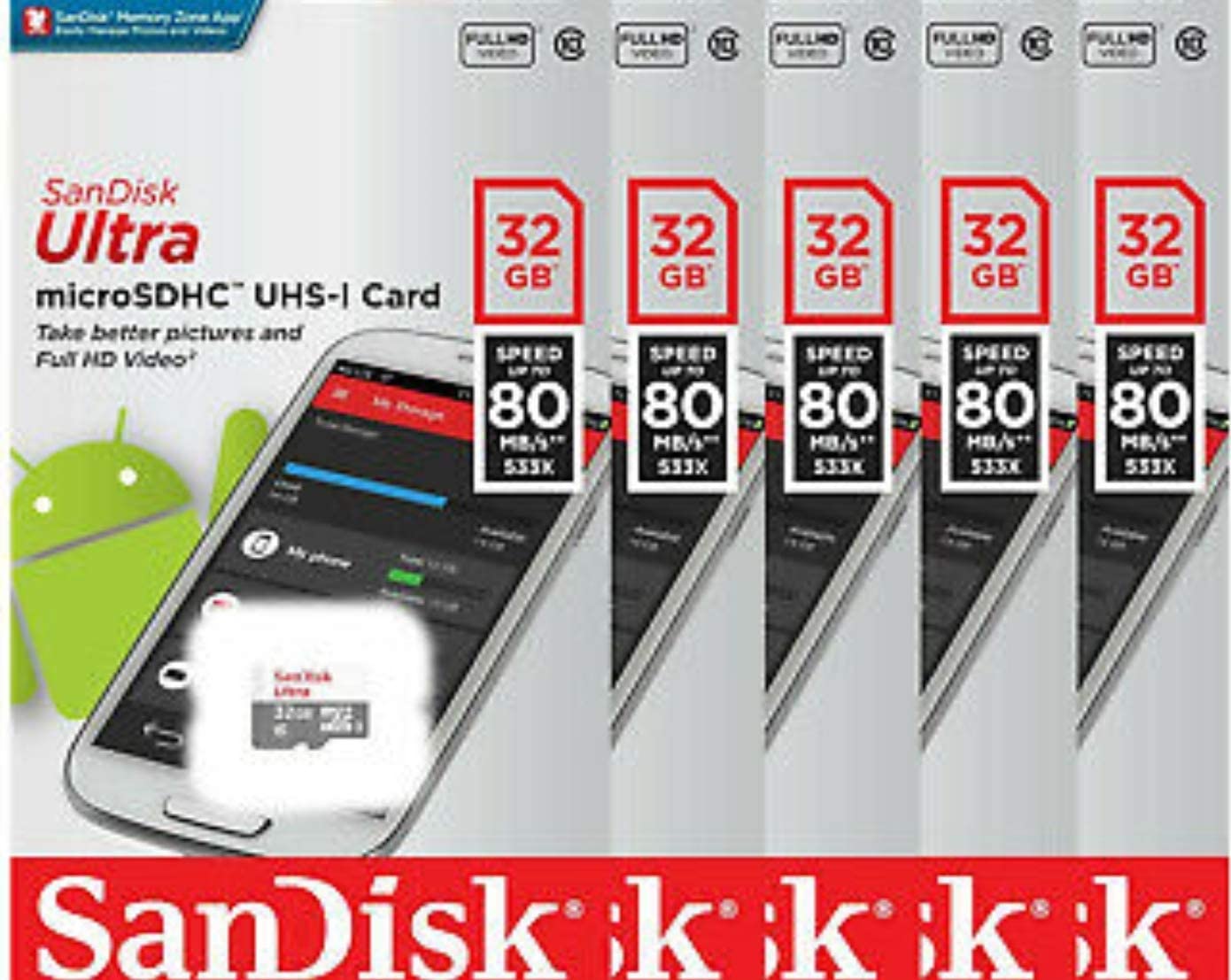 5 PACK SanDisk Ultra 32GB UHSI Class 10 MicroSDHC Memory Card Up to