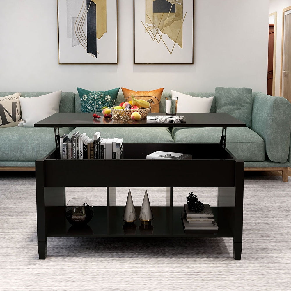 Lowestbest Wooden Lift Top Coffee Table, Dining Table w/Hidden Storage Compartment & Lower 3 Cube Open Shelves, Black