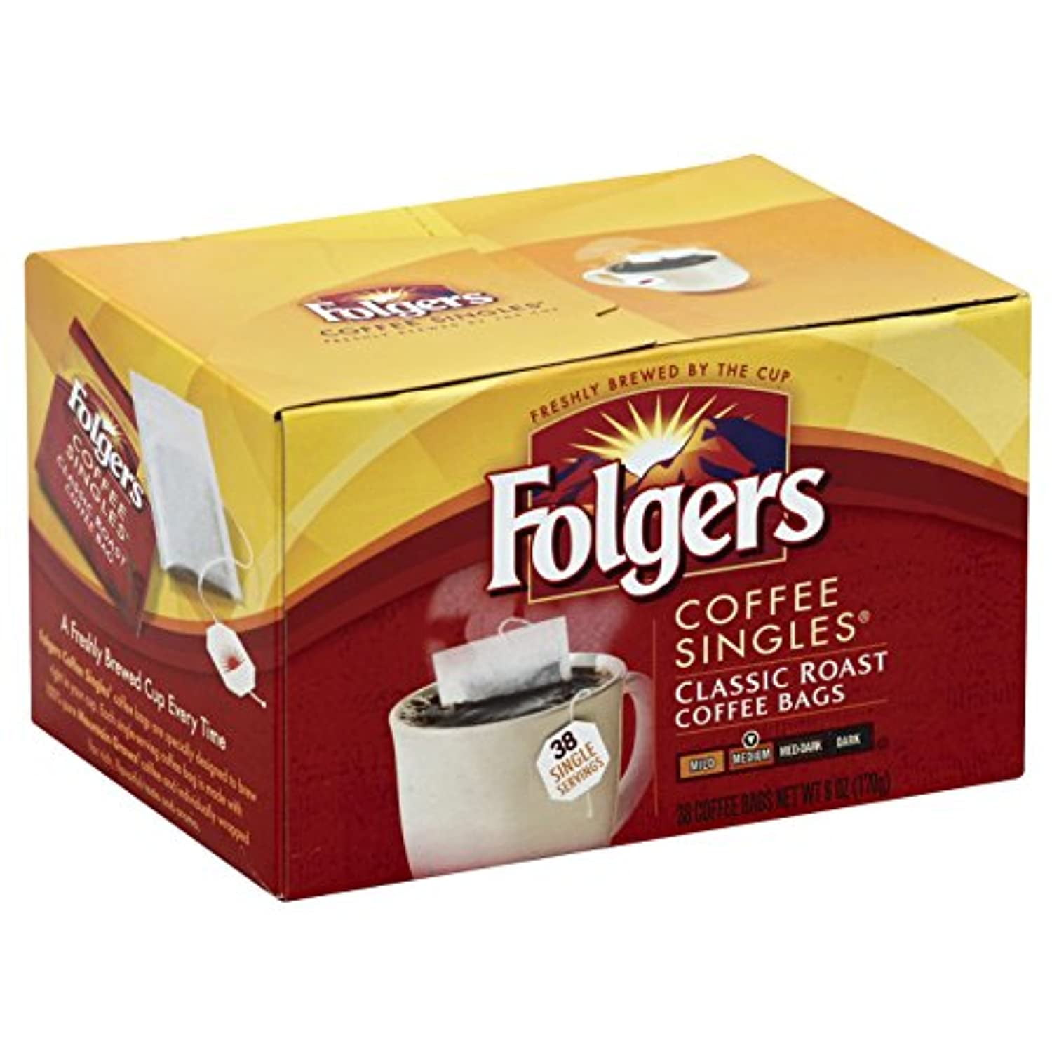 Folgers Coffee Singles Classic Roast Coffee Bags, 6 Ounce, (Pack Of 38