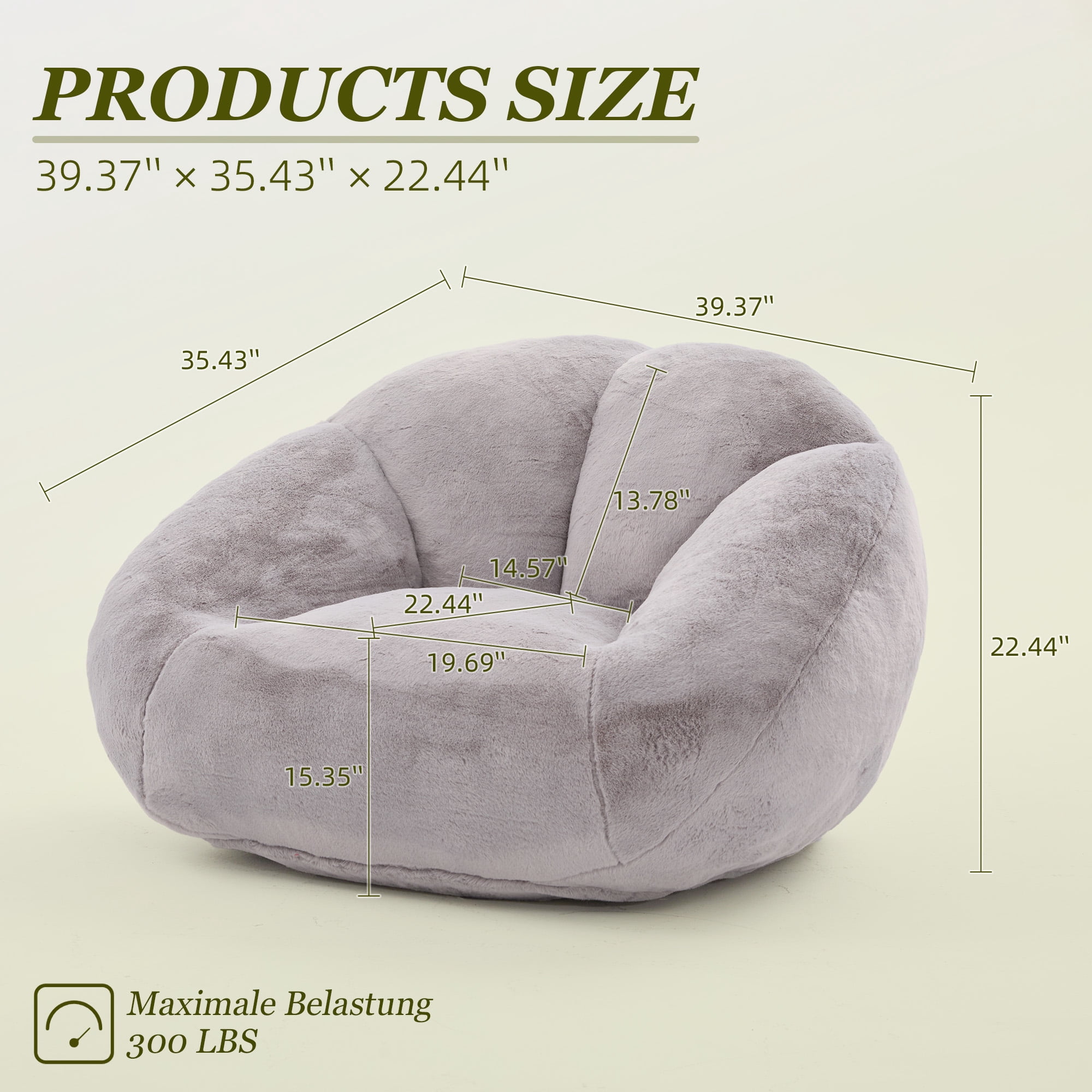MOONMISS Bean Bag Chair for Adults & Teen,Floral Shaped Memory Foam Deep Sink-in Breathable Faux Fur Bean Bag Sofa,Easy to Clean for Living Room & Dorm,Light Gray