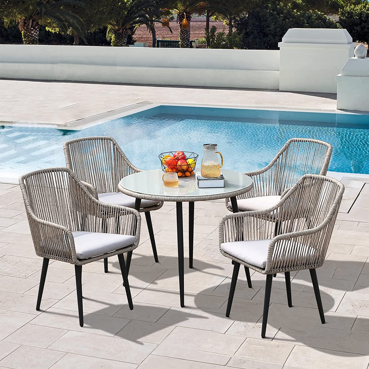 JOIVI 5-Piece Outdoor Dining Set, Wicker Patio Dining Set, Rattan Patio Furniture Table and Chairs Set for 4 People, with Umbrella Hole for Lawn, Backyard, Garden, Tan