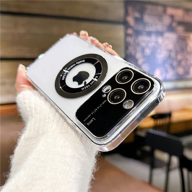 Magsafe For Large Window Logo Hole Case For iPhone 11 14 13 12 15 16 Pro Max 15 14 16 Plus Camera Protector Charging Cover Clear For iphone 14Promax