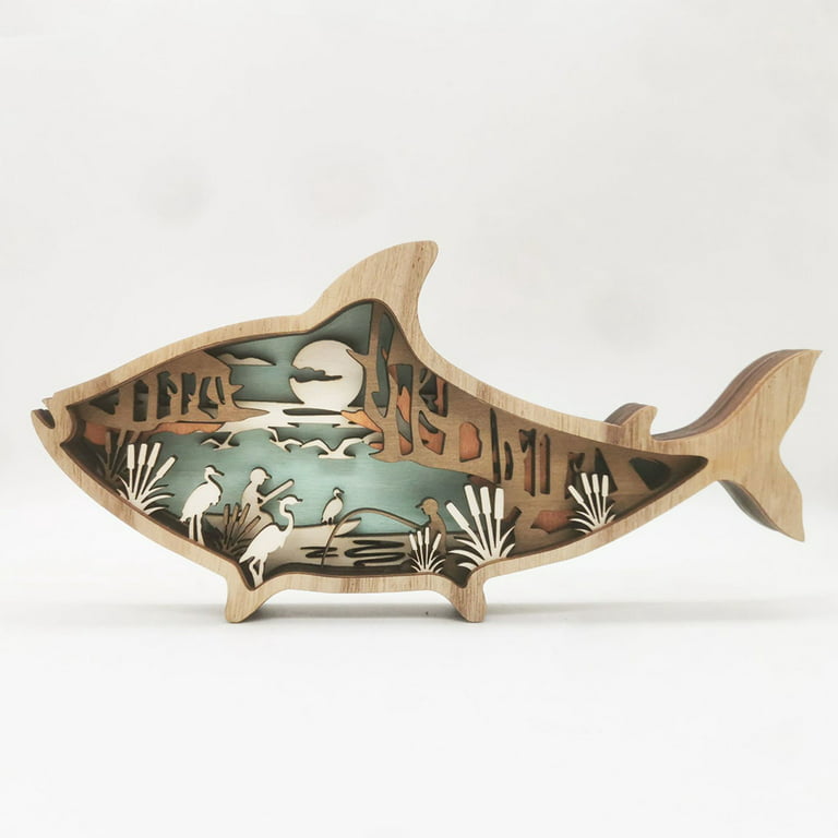 Wooden Fish Decor,Animal Statues Wall Art for Home Bedroom Office Work  Desktop Decor Farm Rustic Cabin Farmhouse Room Wall Decor for Birthday Gift