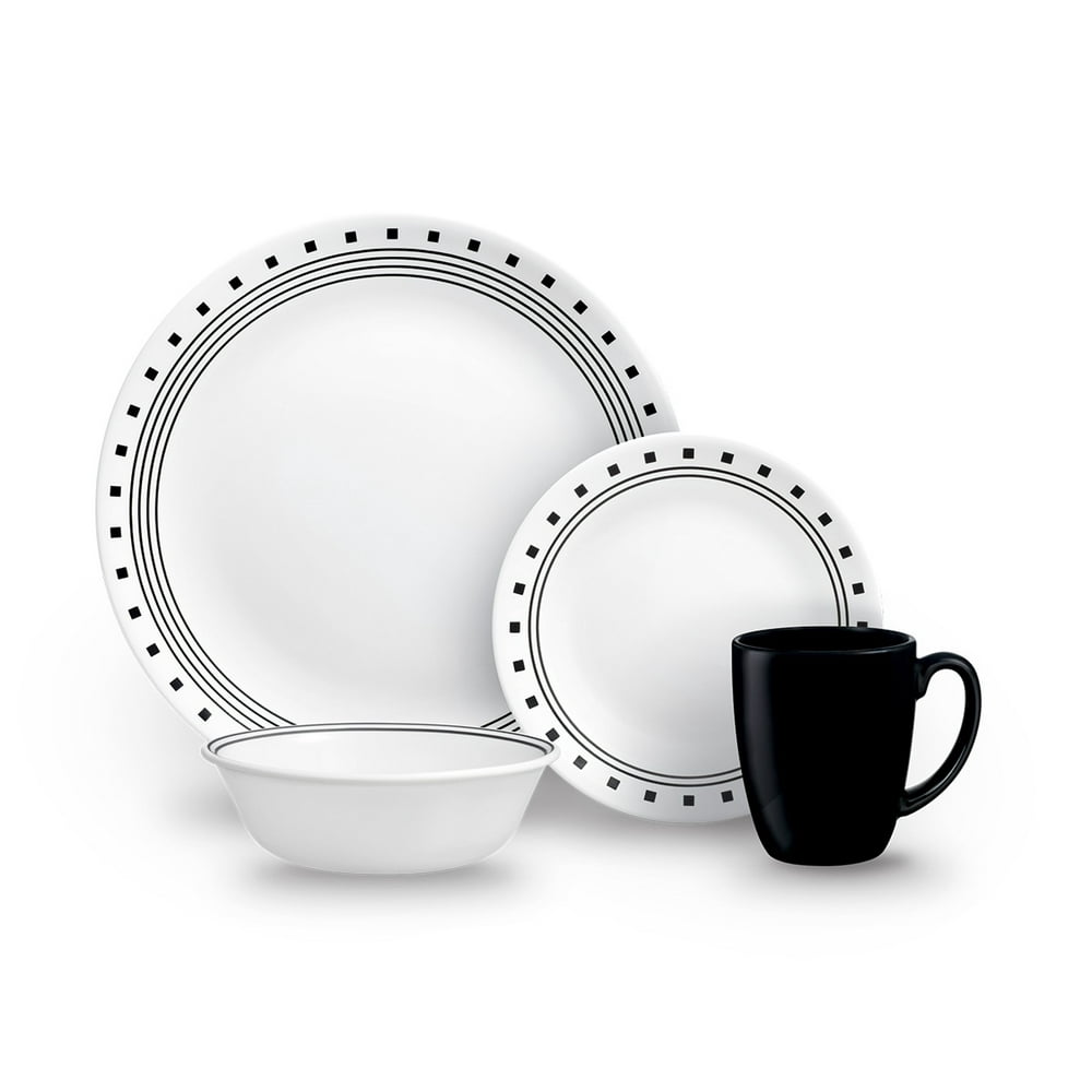 Corelle® Classic City Block, 16Piece, White and Black, Dinnerware Set