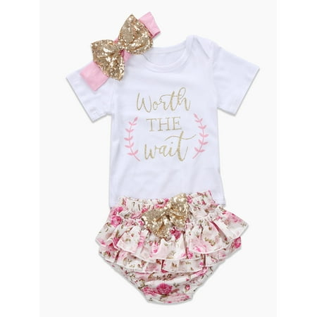 

Infant Baby Girls Floral Clothes Ruffles Short Sleeve Romper Bodysuit Tutu Shorts Headband 3Pcs Outfits