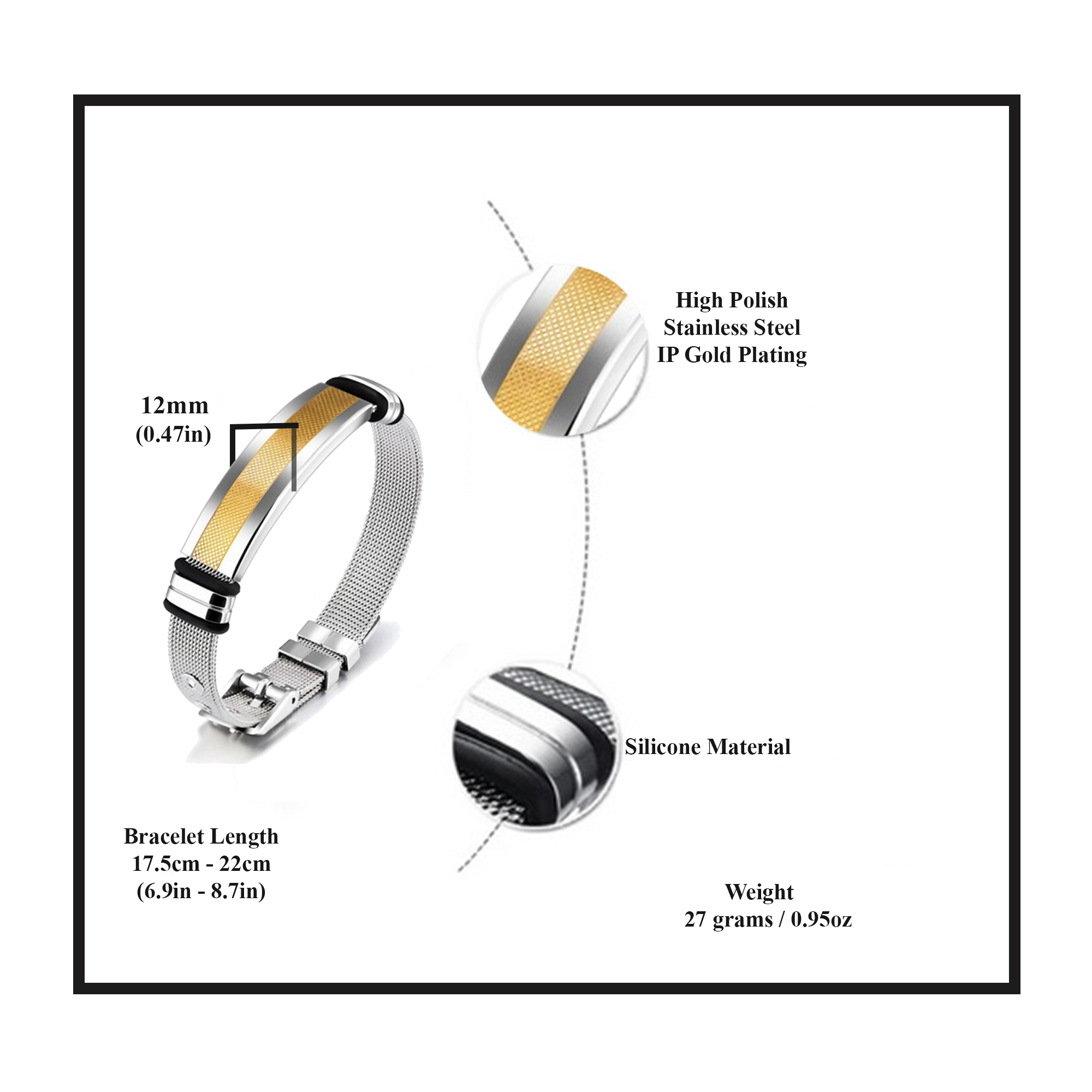 Mens Stainless Steel Bracelet with Bar, Adjustable Mesh Band with Buckle Clasp, Gold/Silver