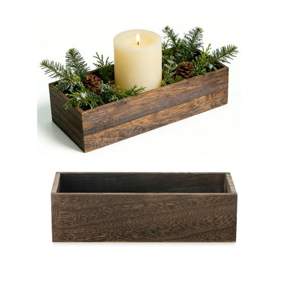 NUPTIO Wood Planter Succulent Box Set, 12 x 5 Inch, Long Rectangle Wood Centerpieces for Table, Wedding Centerpiece Decor and Floral Arrangements, Rustic Brown, Set of 2