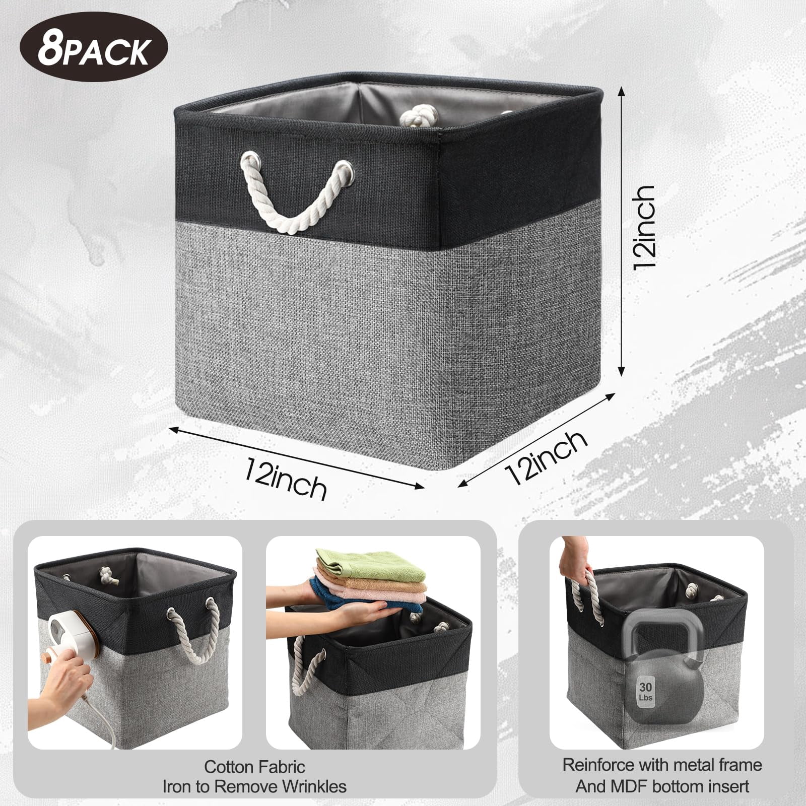 8 Pack Collapsible Storage Bins Fabric Storage Bins Polyester Fabric Baskets with Handles Linen Closet Organizer for Shelf Home Closet Towels Toys(12 x 12 x 12 in,Beige)