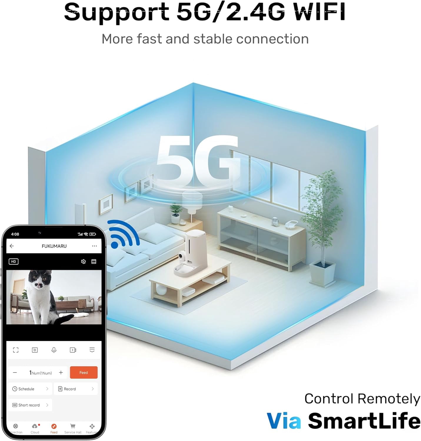 Automatic Cat Feeder with Rotating Camera, 1080P HD Video Night Vision, 5G WiFi APP Control, 2-Way Audio, Low Food Alerts