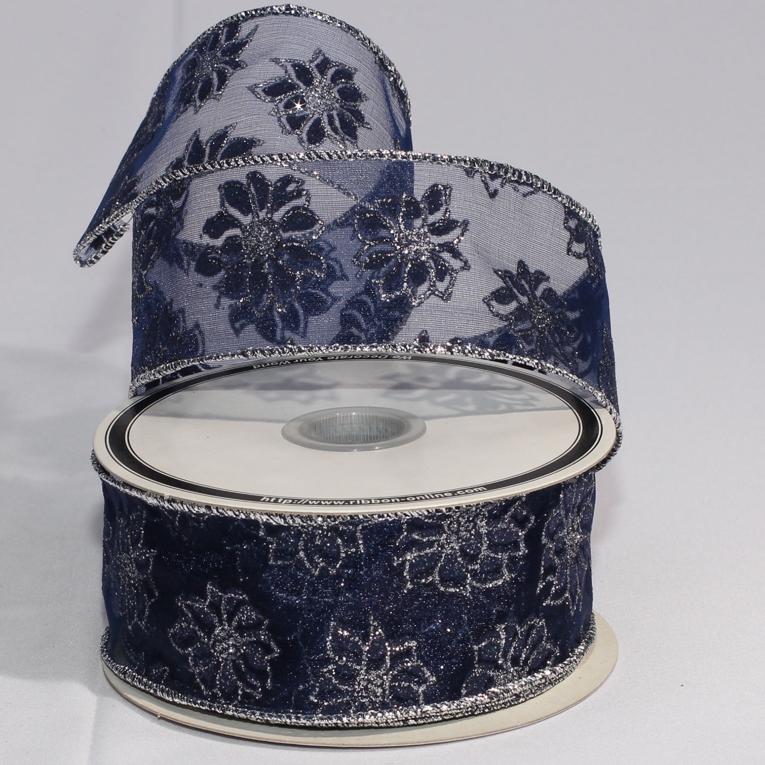 The Ribbon People Sheer Navy Blue and Silver Little Poinsettia Wired Craft Ribbon 2" x 40 Yards