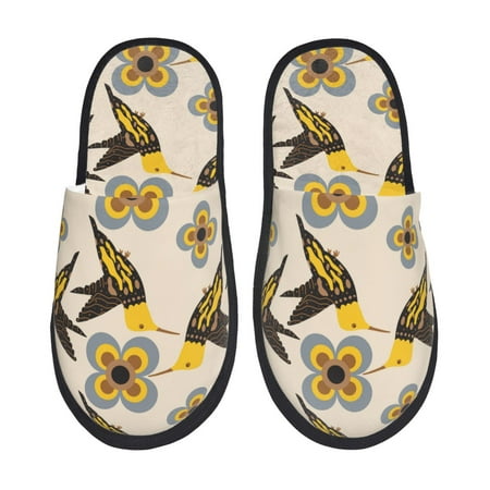 Balery Yellow Flowers Hummingbird Slient Indoor Furry Fleece Comfort House Shoes Soft Non-Slip Home Shoes Cotton slippers House Slippers-- Large