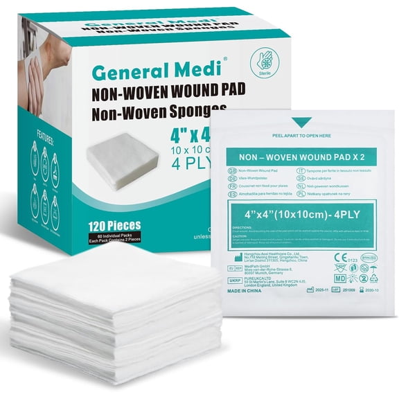 120 PCS Sterile Gauze Sponges, Non-Woven Wound Pads for Cleaning and Cushioning Minor Wounds, Cuts & Burns(4" x 4", 60 Packs)