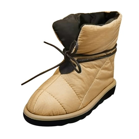 

SEMIMAY Ladies Fashion Solid Color Splash Proof Cotton Boots Lace Up Comfortable Flat Short Boots Khaki