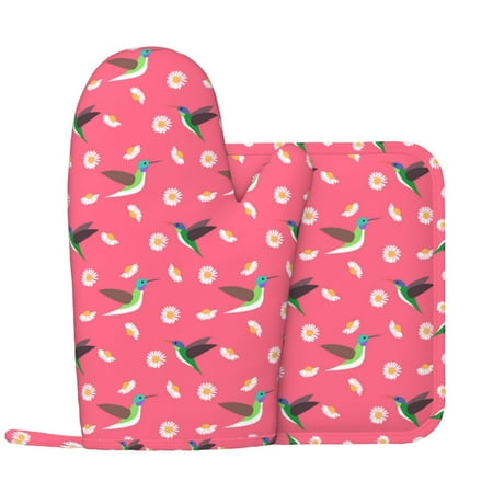 

Daisy Hummingbird Print Pink Oven Mitts and Pot Holders Sets with 1 Non-Slip Left Silicone Oven Mitts and 1 Heatproof Insulated Hot Pads for Kitchen Use in Cooking Baking Grilling