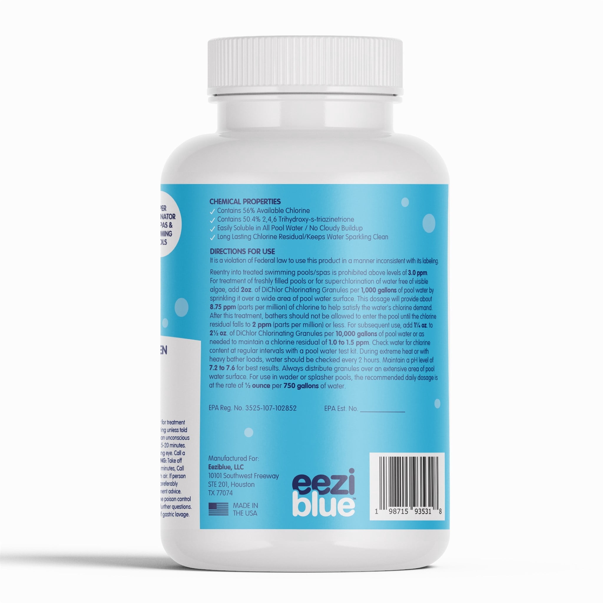 Eeziblue Chlorinating Granules - 2 lbs, Sodium DiChlor Pool Shock, Granular Shock for Hot Tub or Spa