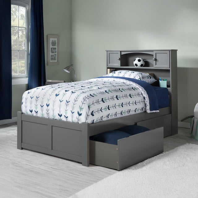 AFI Newport Lit Simple en Bois Massif avec 2 Tiroirs de Rangement, Gris