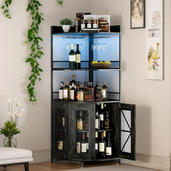 Twister.CK 5-Tiers Corner Bar Cabinet with Power Outlet, 64.2'' Tall Wine Cabinet with LED Lights & Glass Holder, Liquor Cabinet with Storage, for Living Room Kitchen, Black