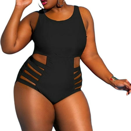 Spdoo Plus Size One Piece Swimsuit for Women High Neck Plunge Mesh Cutout Monokini Swimwear Bathing Suit