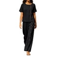 thumbnail image 2 of Cagogo Women Plus Size 2 Piece Outfits Round Neck Short Sleeve Tshirt Wide Leg Pants Casual Summer Cruise Tracksuit Loungewear Set for Travel Beach Vacation, Black L, 2 of 8