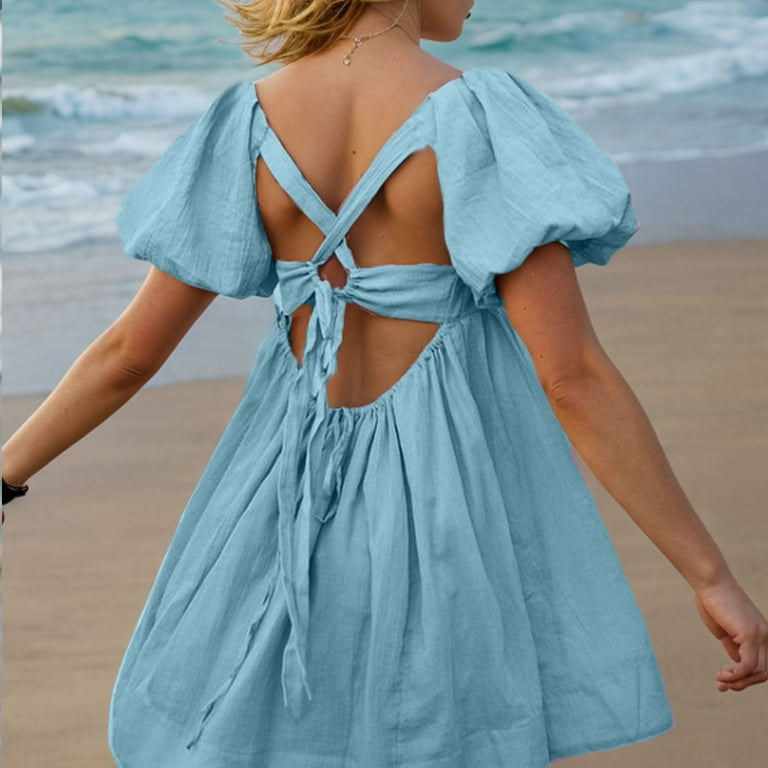 Mgmyaa Women's Cute Mini Dresses Solid Color Square Neck Front Pleated Cross-Back  Tie Blouson Sleeve Low Back Babydoll Dress - Walmart.com