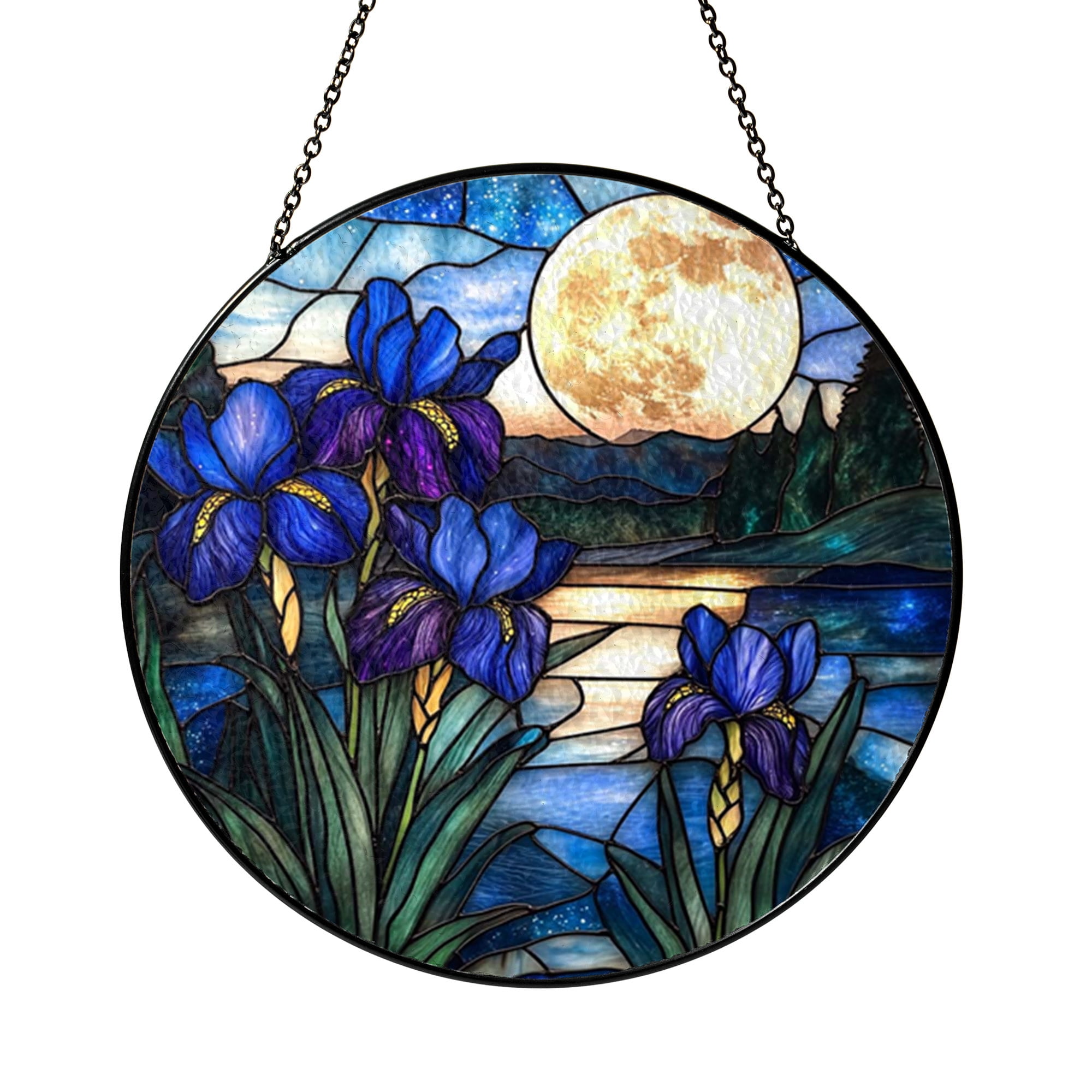 Moonlit Iris Floral Window Suncatcher Stained Glass Style Blue Garden Art for Home