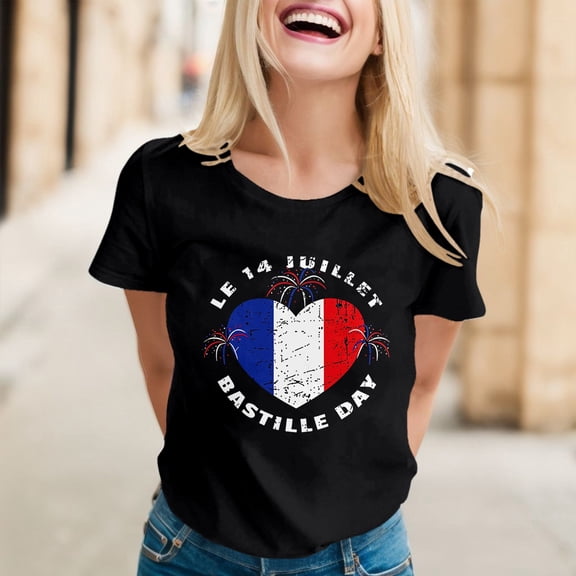 Womens Tshirts Crewneck Short Sleeve Bastille Day Print Blouse Casual Womens Blouse Black L