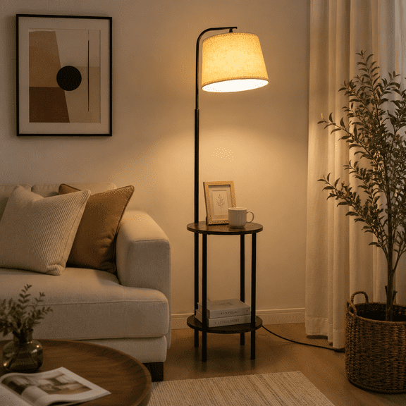 DEWENWILS Floor Lamp with Table for Living Room, 62in Rustic Farmhouse Wooden Floor Lamps, Attached End Table with Lamp for Bedroom, Office, Read Lighting, Home Decor, Brown