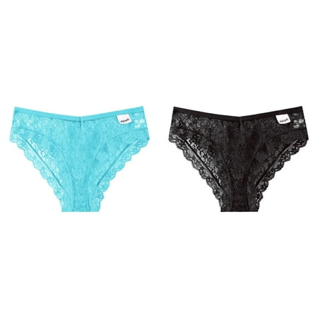 Lojoutye 2 Pack(Light Blue 1PCS & Black 1PCS) String Bikini Underwear for Women Lace Multipack Women Lace Panties Mid Waist Breathable Hollow Mesh Crotch Briefs